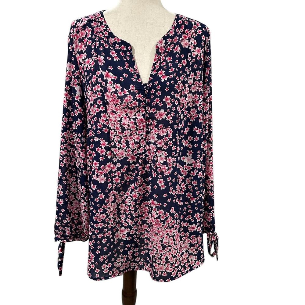 Liz Claiborne Woman Navy and Pink Floral Peasant Blouse Tie Sleeves Plus Size 1X